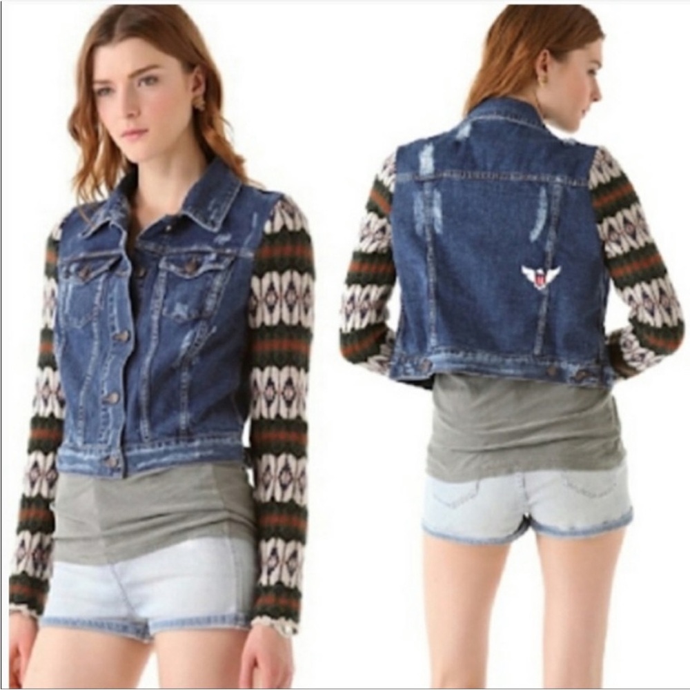 Free People Cypress Farm Aztec 100% Wool Sleeves Distressed Boho Denim Jacket M